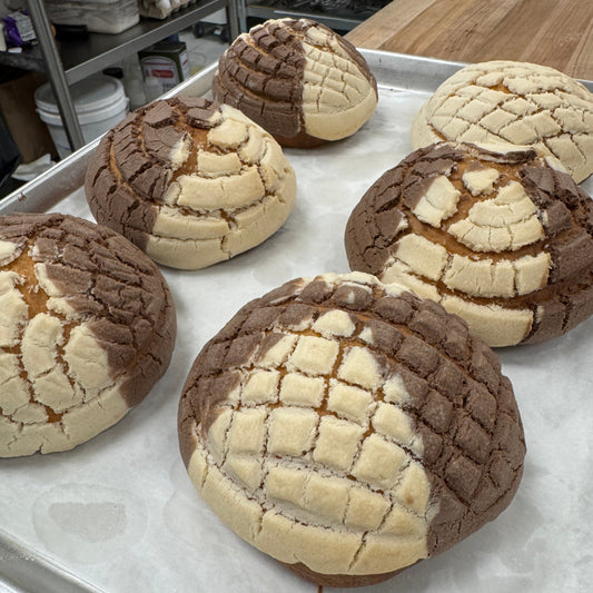 Freshly baked Mexican conchas with a soft, fluffy interior and a crispy sugar topping in vanilla and chocolate flavors, displayed at Shelíss Bakeshop in Toronto
