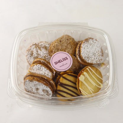 Assorted butter cookies in a gift box — includes dulce de leche, raspberry, cinnamon, and Nutella flavors