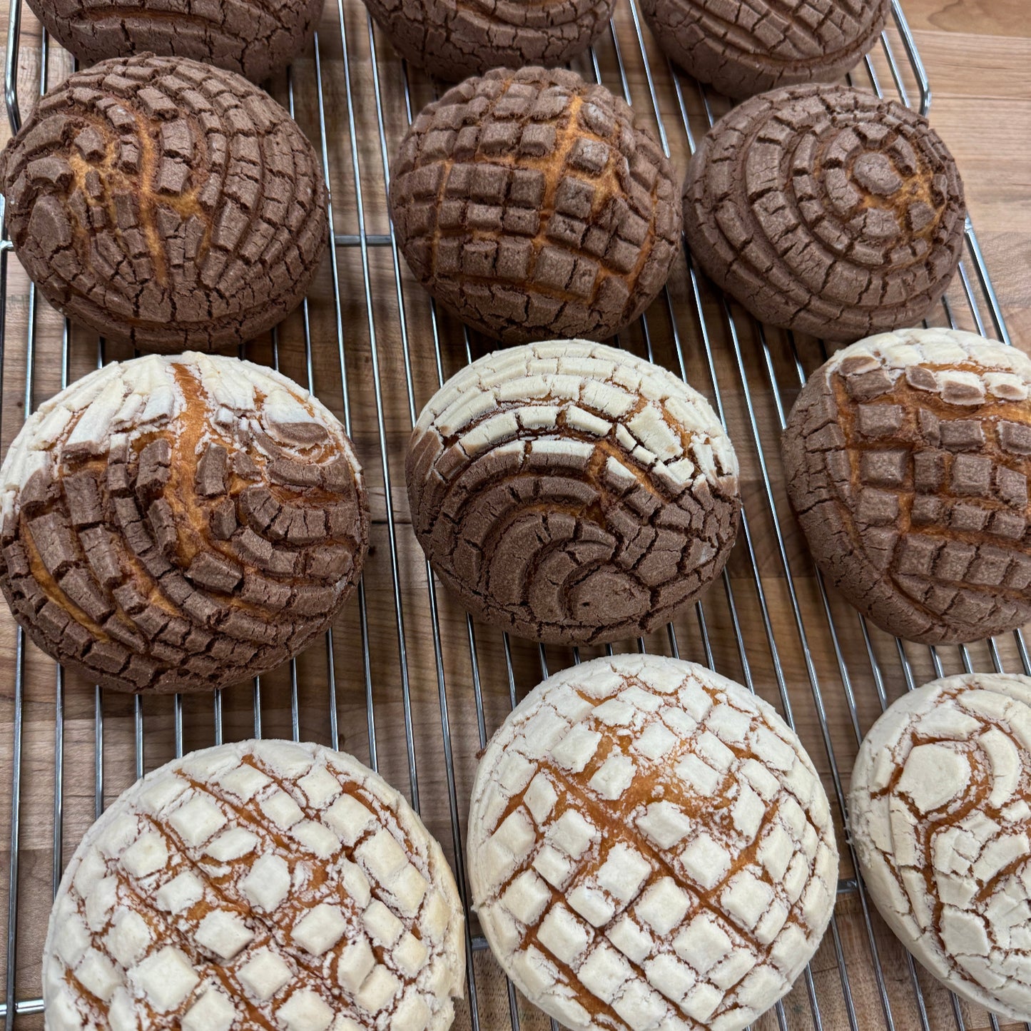 Freshly baked Mexican conchas with a soft, fluffy interior and a crispy sugar topping in vanilla and chocolate flavors, displayed at Shelíss Bakeshop in Toronto