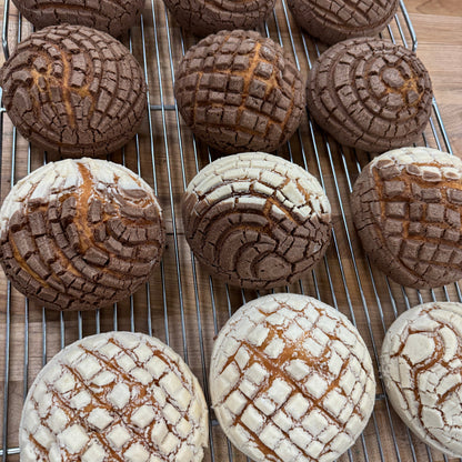 Freshly baked Mexican conchas with a soft, fluffy interior and a crispy sugar topping in vanilla and chocolate flavors, displayed at Shelíss Bakeshop in Toronto
